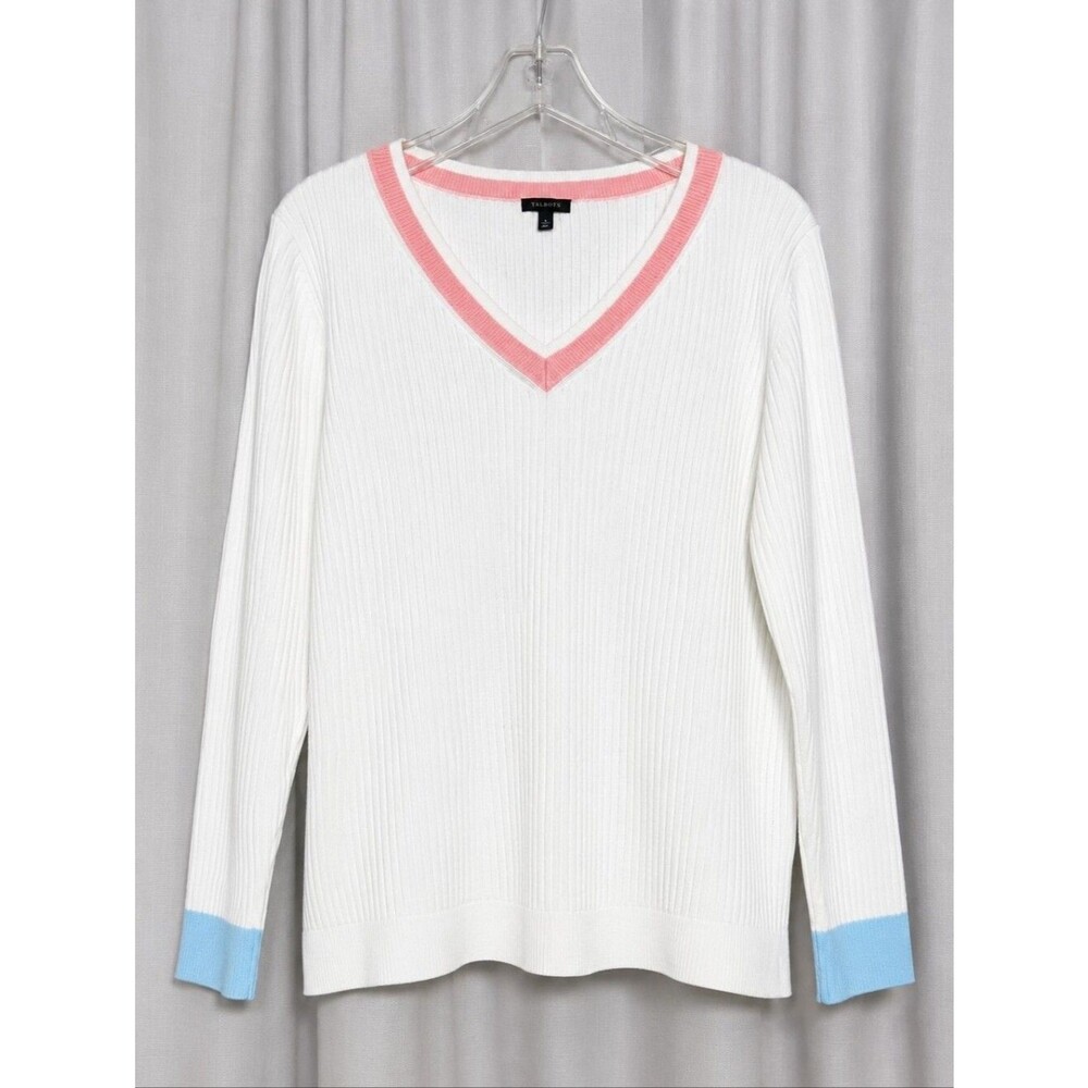 Talbots White Ribbed Knit Pastel Trimmed V-Neck Cotton Cashmere Preppy Sweater